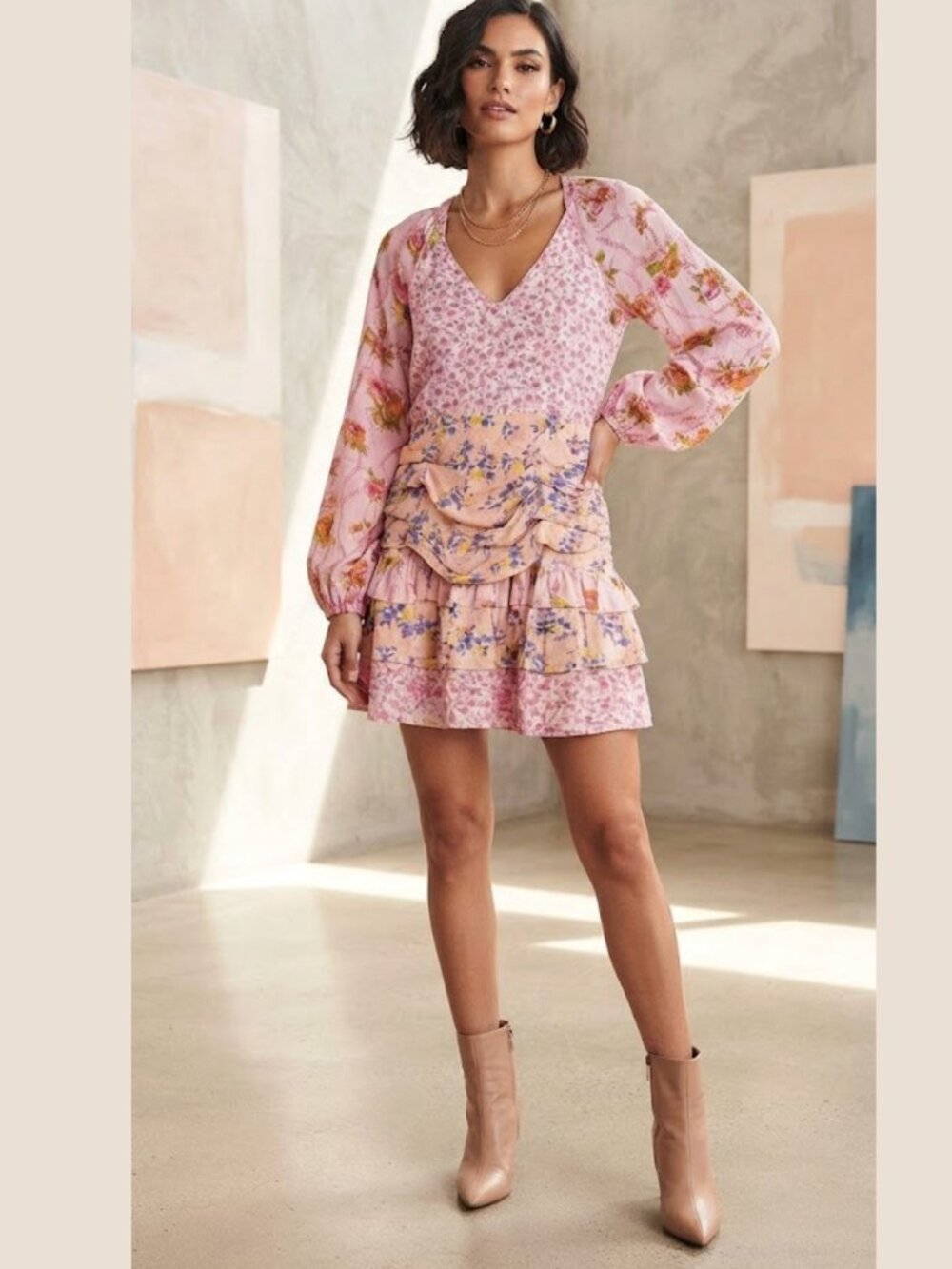 For Love Bell Pink Floral Mini Dress S Romantic Cottagecore Puff Sleeve